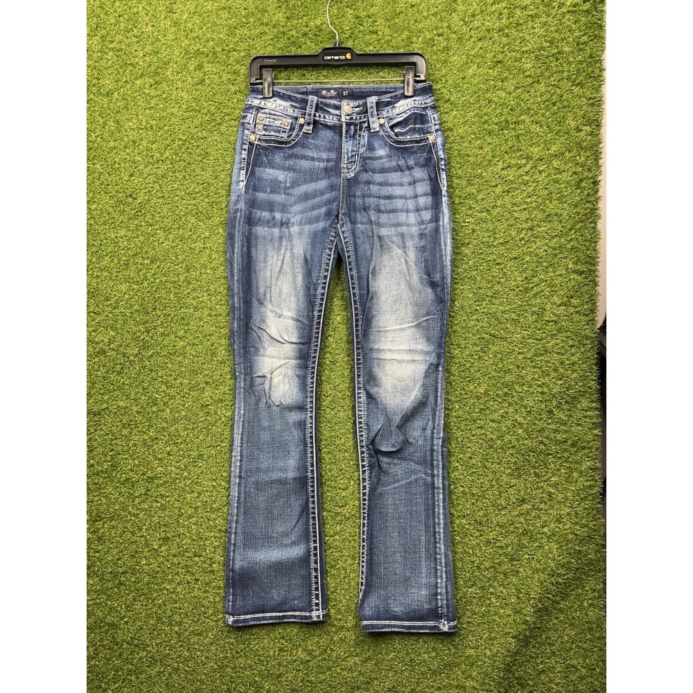 Miss Me Jeans Womens 27 Mid-rise Boot Cut Zipper Pockets Embellished Stretch